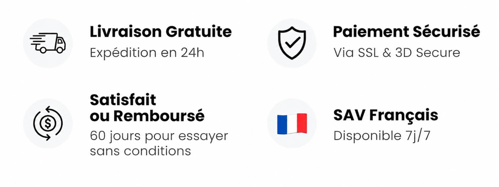 Livraison gratuite, paiement sécurisé, satisfaite ou remboursée 60 jours, SAV français
